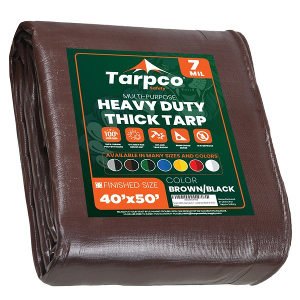 Tarpco Safety 50 ft L x 0.5 mm H x 40 ft W Heavy Duty 7 Mil Tarp, Brown/Black, Polyethylene TS-202-40X50